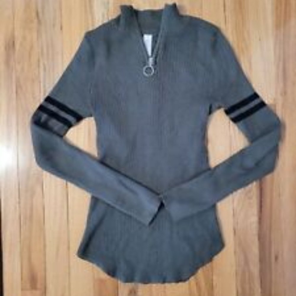 NEW Green Zip Mock Neck Ribbed Sweater w/ Black Stripes on Sleeves ~ Size M(7-9)